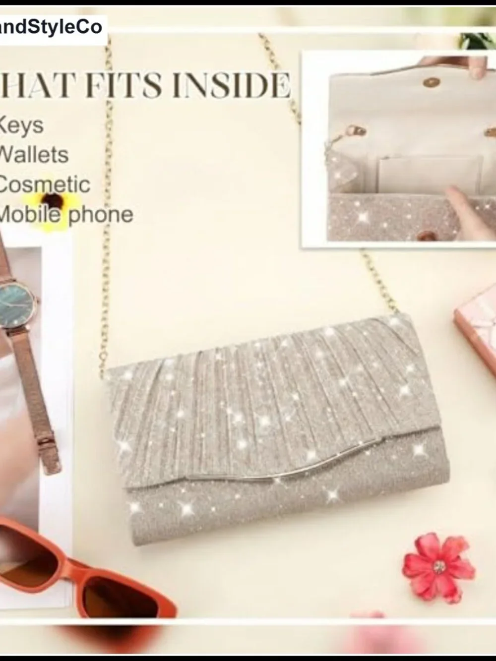 Champagne Sequin Evening Clutch Pleated Wristlet with Gold Chain - Formal